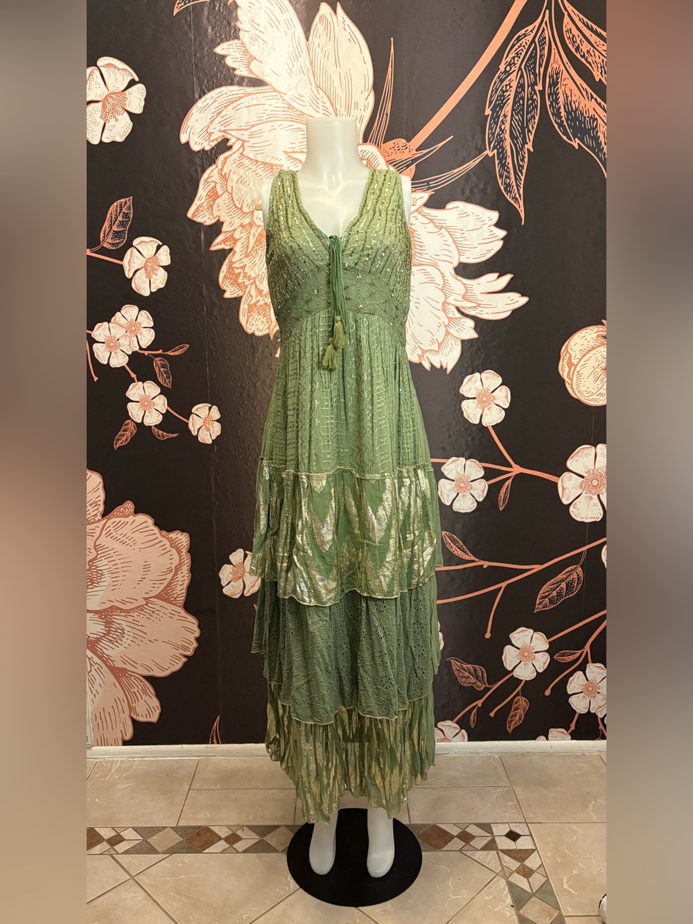 NWT Gorgeous Sage Green and Gold Resort Luxe Tiered Embellished Maxi Dress - Picture 3 of 16